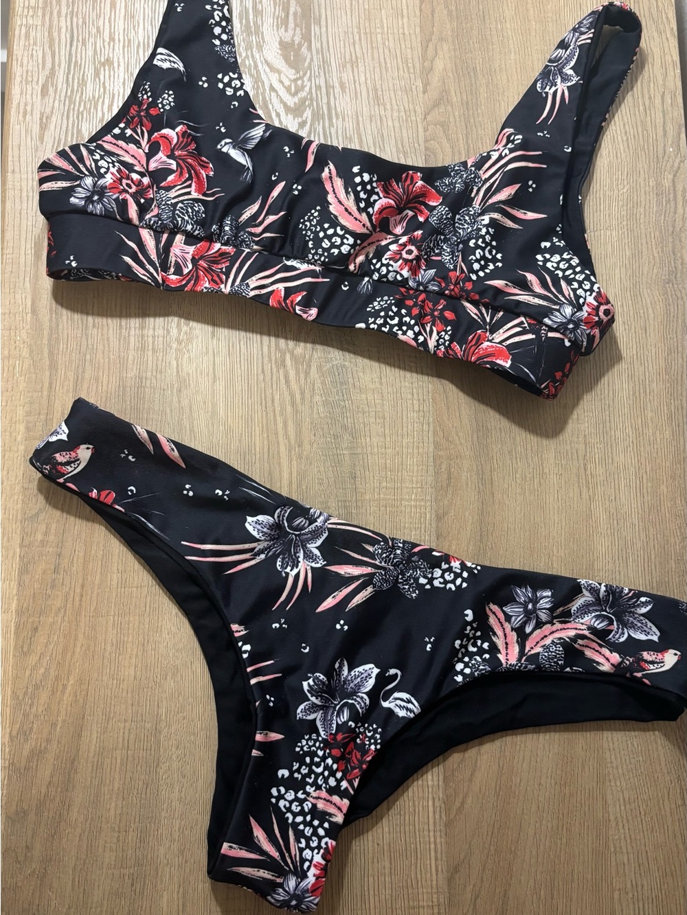 Kulani Kinis Black Floral Bikini Set with Pink and Red Accents